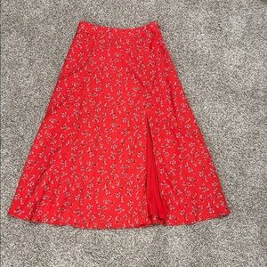 Lulu's Bright Red Floral A-Line Skirt with Front Slit